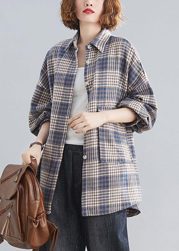 Natural blue plaid linen Blouse Fashion Ideas lapel Batwing Sleeve tops - bagstylebliss