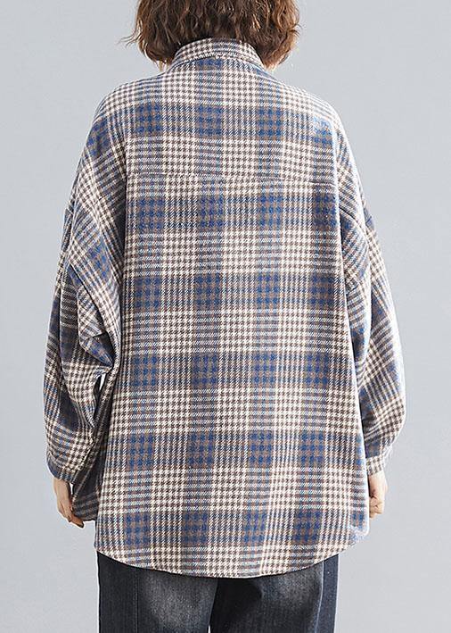 Natural blue plaid linen Blouse Fashion Ideas lapel Batwing Sleeve tops - bagstylebliss