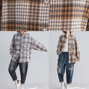 Natural blue plaid linen Blouse Fashion Ideas lapel Batwing Sleeve tops - bagstylebliss