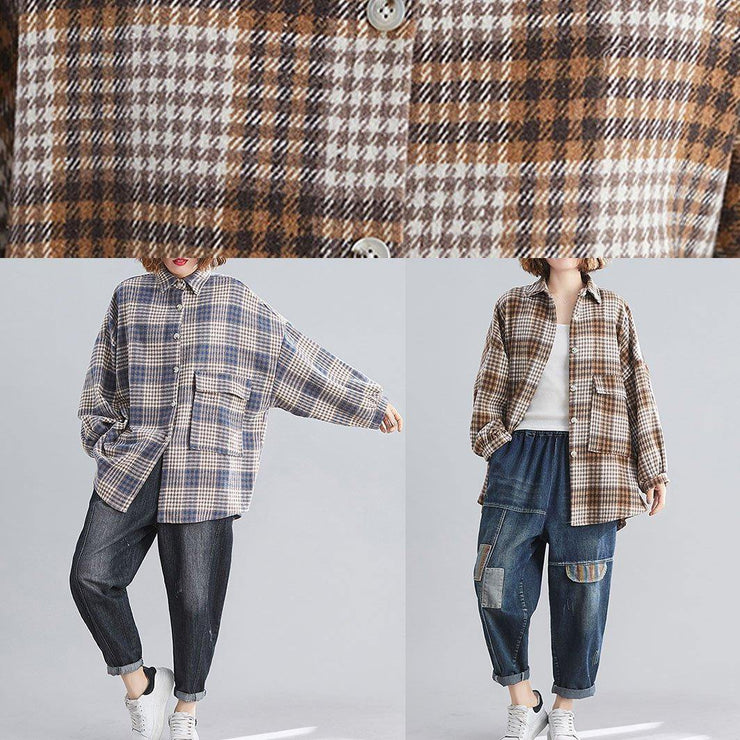 Natural blue plaid linen Blouse Fashion Ideas lapel Batwing Sleeve tops - bagstylebliss