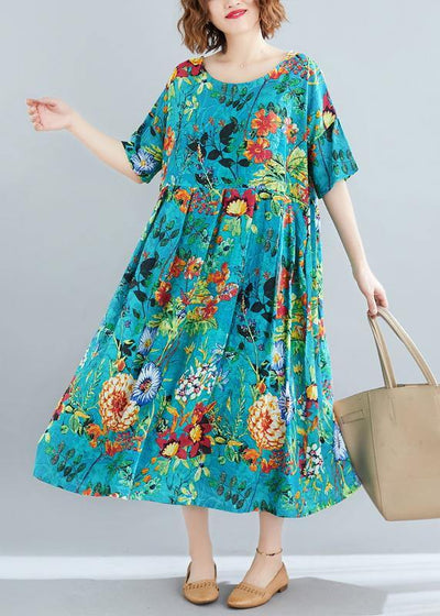 Natural blue print dresses o neck Cinched robes summer Dress - bagstylebliss