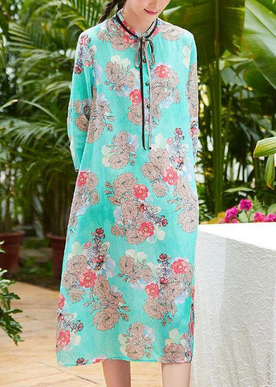 Natural blue print linen Long Shirts stand collar patchwork baggy summer Dress - bagstylebliss