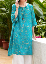 Natural blue print linen clothes o neck flare sleeve Midi summer Dress - bagstylebliss