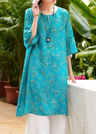 Natural blue print linen clothes o neck flare sleeve Midi summer Dress - bagstylebliss