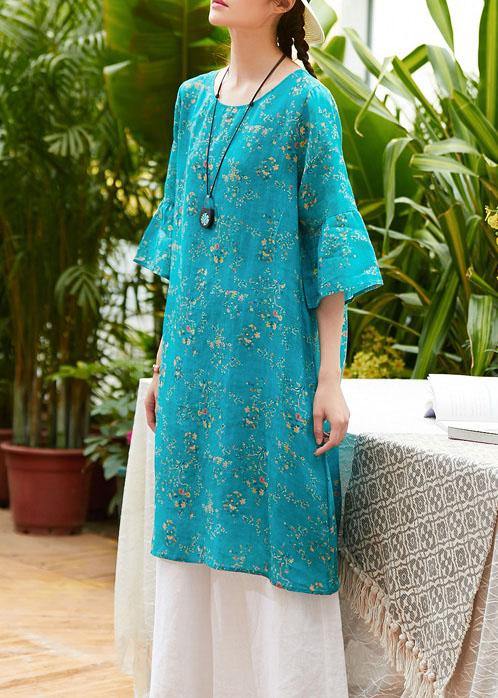 Natural blue print linen clothes o neck flare sleeve Midi summer Dress - bagstylebliss