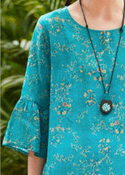 Natural blue print linen clothes o neck flare sleeve Midi summer Dress - bagstylebliss