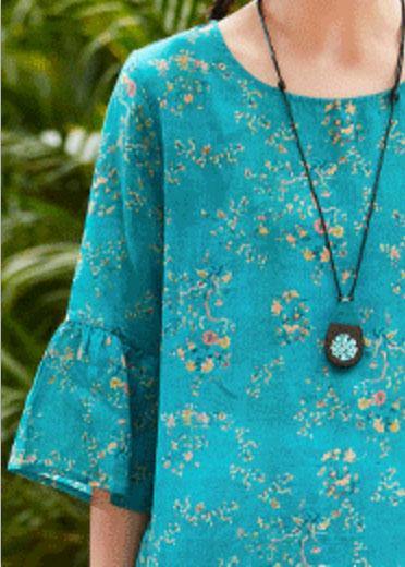 Natural blue print linen clothes o neck flare sleeve Midi summer Dress - bagstylebliss