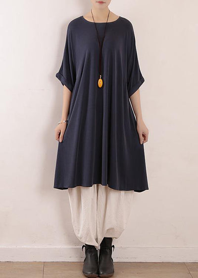 Natural blue short sleeve Silk Tunics o neck Art Dress - bagstylebliss