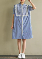 Natural blue striped Cotton for women lapel lantern sleeve cotton summer Dress - bagstylebliss