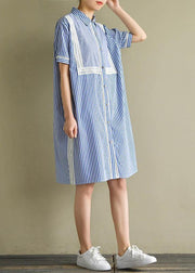 Natural blue striped Cotton for women lapel lantern sleeve cotton summer Dress - bagstylebliss