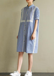 Natural blue striped Cotton for women lapel lantern sleeve cotton summer Dress - bagstylebliss