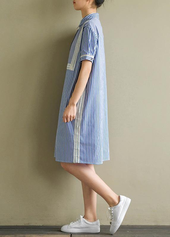 Natural blue striped Cotton for women lapel lantern sleeve cotton summer Dress - bagstylebliss