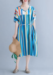 Natural blue striped chiffon dress long plus size Online Shopping v neck patchwork Summer Dress - bagstylebliss