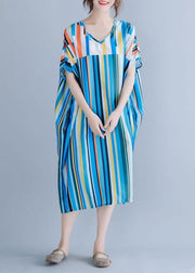 Natural blue striped chiffon dress long plus size Online Shopping v neck patchwork Summer Dress - bagstylebliss