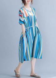 Natural blue striped chiffon dress long plus size Online Shopping v neck patchwork Summer Dress - bagstylebliss