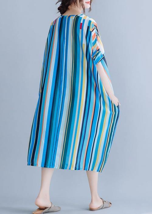 Natural blue striped chiffon dress long plus size Online Shopping v neck patchwork Summer Dress - bagstylebliss