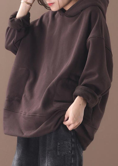 Natural brown cotton crane tops winter tunic hooded top - bagstylebliss