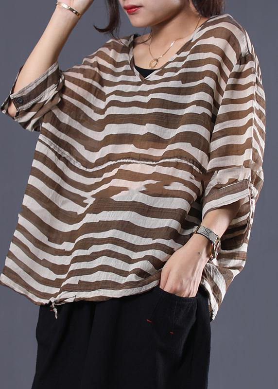 Natural brown striped v neck cotton Long Shirts drawstring hem baggy summer blouses - bagstylebliss