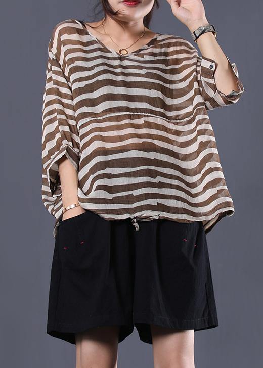 Natural brown striped v neck cotton Long Shirts drawstring hem baggy summer blouses - bagstylebliss