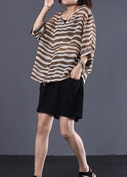 Natural brown striped v neck cotton Long Shirts drawstring hem baggy summer blouses - bagstylebliss