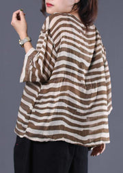 Natural brown striped v neck cotton Long Shirts drawstring hem baggy summer blouses - bagstylebliss