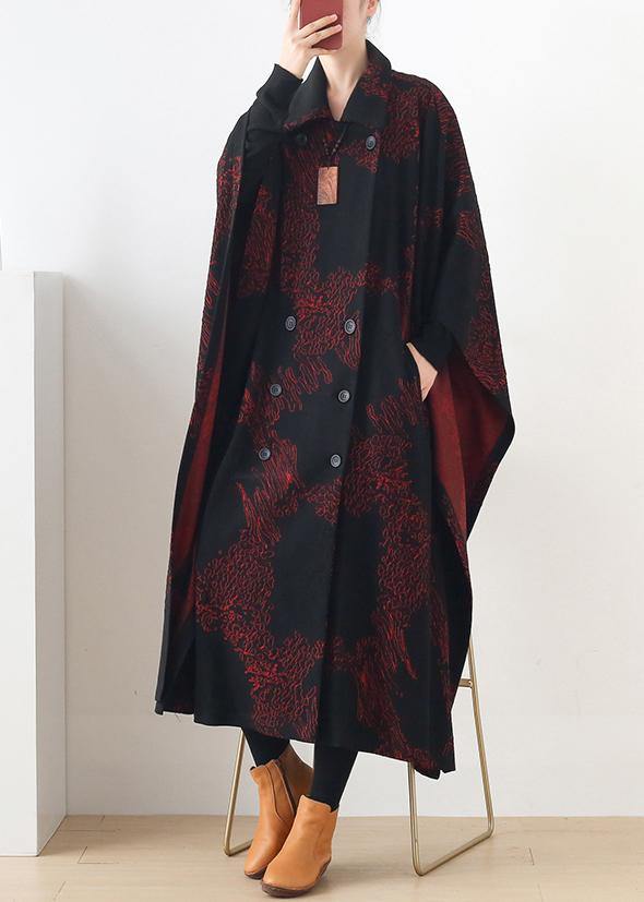 Natural burgundy print Plus Size clothes For Women Notched asymmetric outwears - bagstylebliss