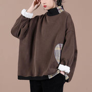 Natural chocolate patchwork plaid clothes For Women high neck oversized spring shirt - bagstylebliss