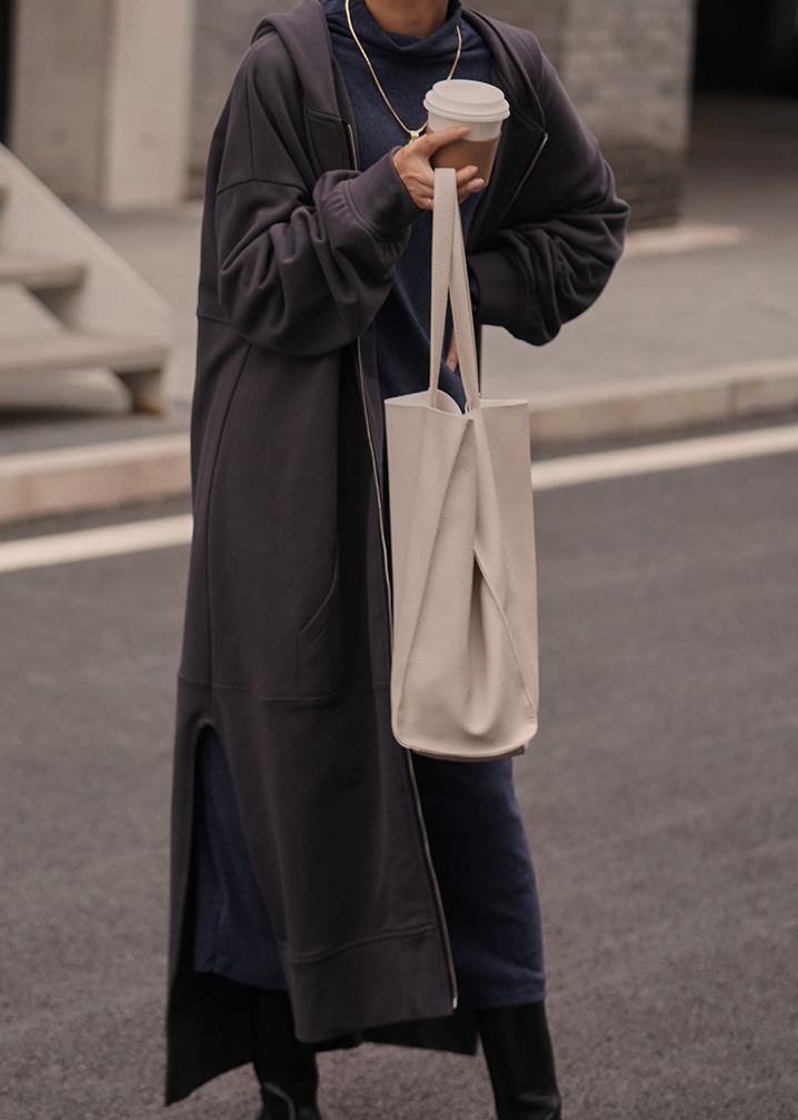 Natural dark gray  tunic coat hooded side open  women coats - bagstylebliss