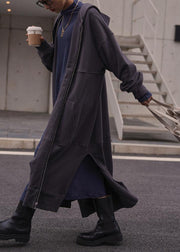 Natural dark gray  tunic coat hooded side open  women coats - bagstylebliss