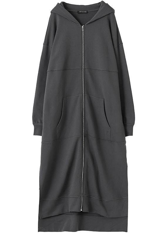 Natural dark gray  tunic coat hooded side open  women coats - bagstylebliss