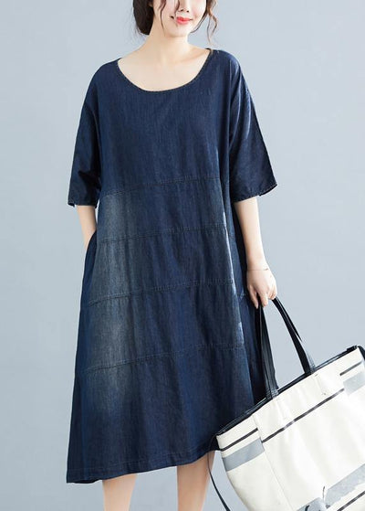 Natural denim blue Cotton outfit 18th Century Catwalk o neck Midi Summer Dresses - bagstylebliss