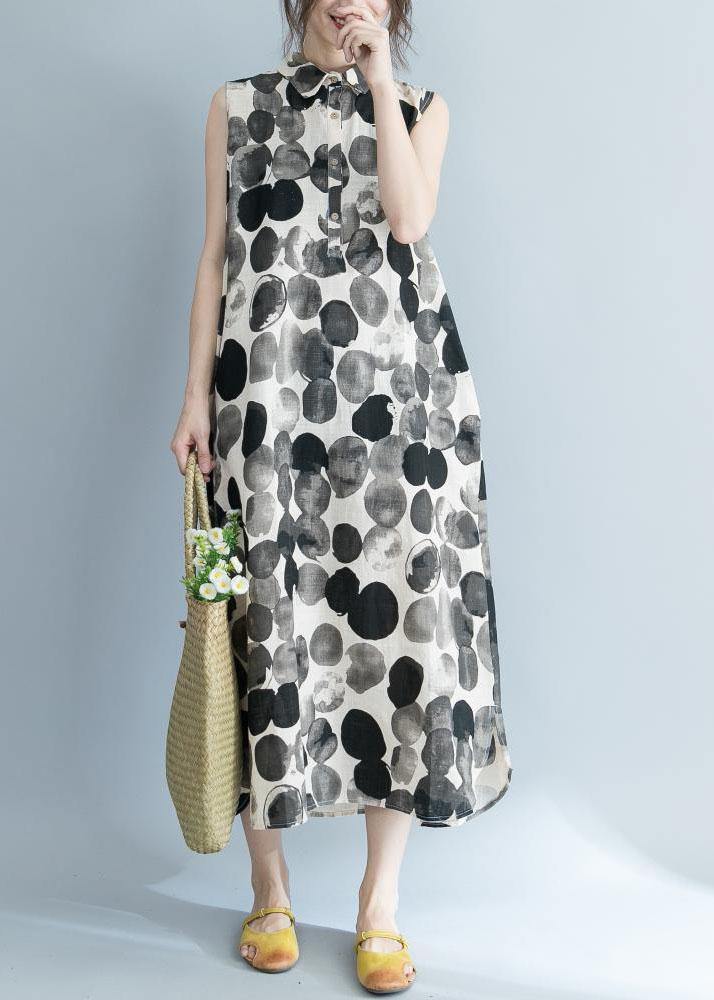 Natural dotted prints cotton clothes lapel collar sleeveless loose summer Dresses - bagstylebliss