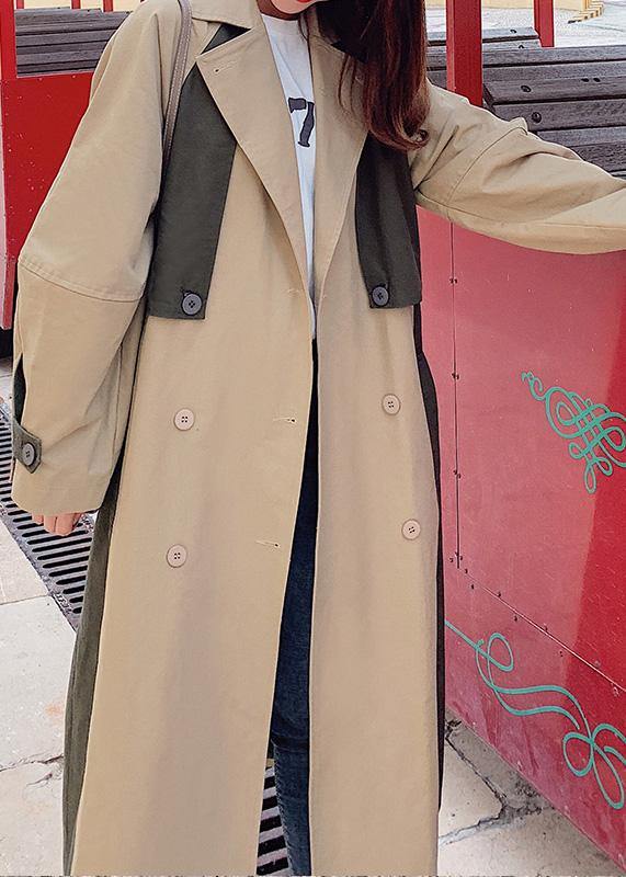 Natural double breast fine patchwork Long coats khaki oversized coats - bagstylebliss