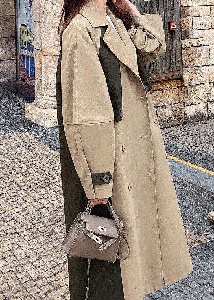 Natural double breast fine patchwork Long coats khaki oversized coats - bagstylebliss