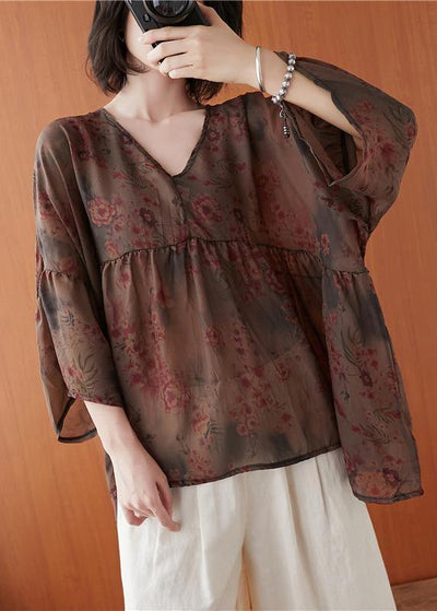 Natural floral clothes For Women v neck asymmetric summer blouses - bagstylebliss