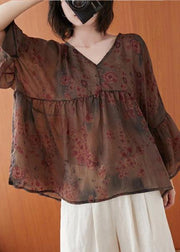 Natural floral clothes For Women v neck asymmetric summer blouses - bagstylebliss