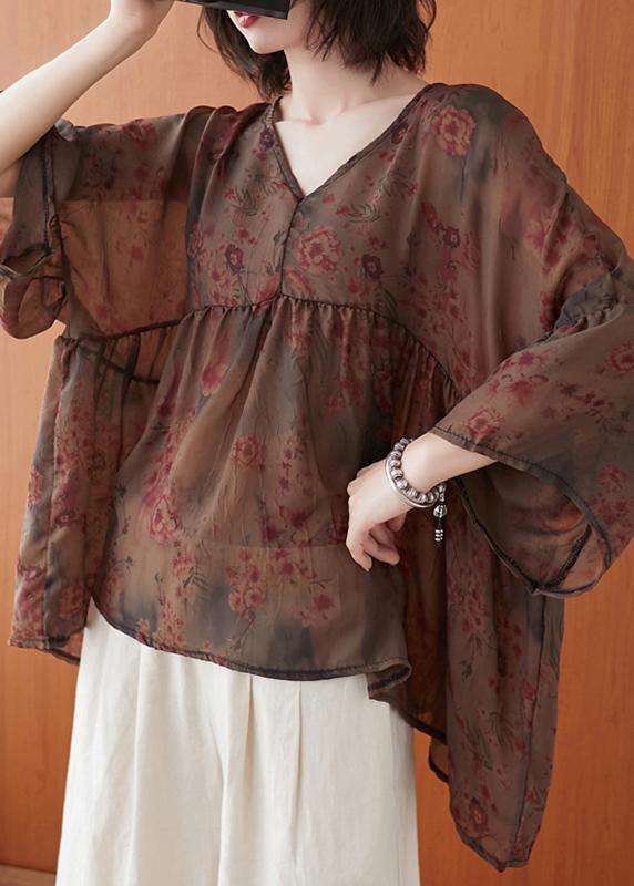 Natural floral clothes For Women v neck asymmetric summer blouses - bagstylebliss