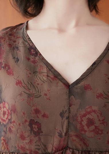 Natural floral clothes For Women v neck asymmetric summer blouses - bagstylebliss