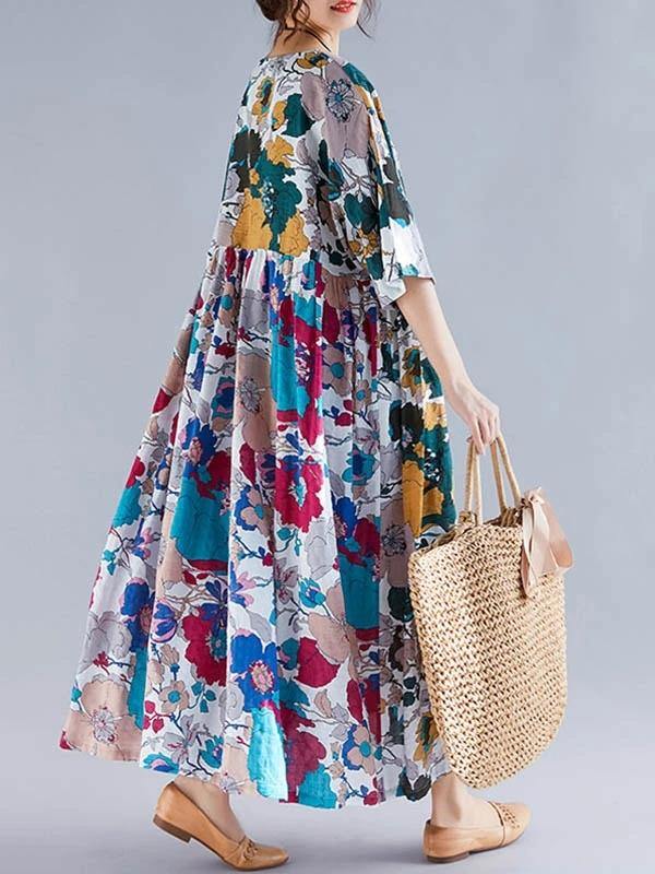 Natural floral cotton clothes Women o neck Cinched Maxi Dress - bagstylebliss