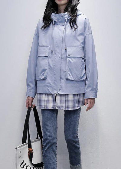 Natural gray blue patchwork plaid Fine trench coat Shirts hooded pockets outwears - bagstylebliss
