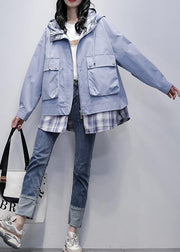 Natural gray blue patchwork plaid Fine trench coat Shirts hooded pockets outwears - bagstylebliss