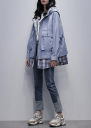 Natural gray blue patchwork plaid Fine trench coat Shirts hooded pockets outwears - bagstylebliss