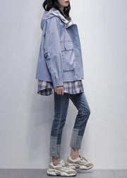 Natural gray blue patchwork plaid Fine trench coat Shirts hooded pockets outwears - bagstylebliss