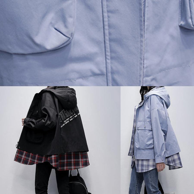 Natural gray blue patchwork plaid Fine trench coat Shirts hooded pockets outwears - bagstylebliss