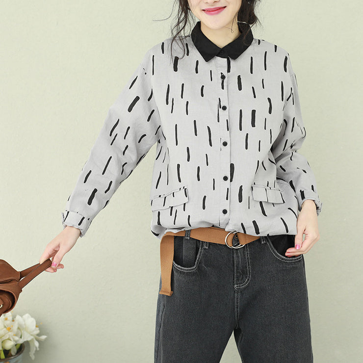 Natural gray lapel linen crane tops Fitted Photography Button Down Midi tops