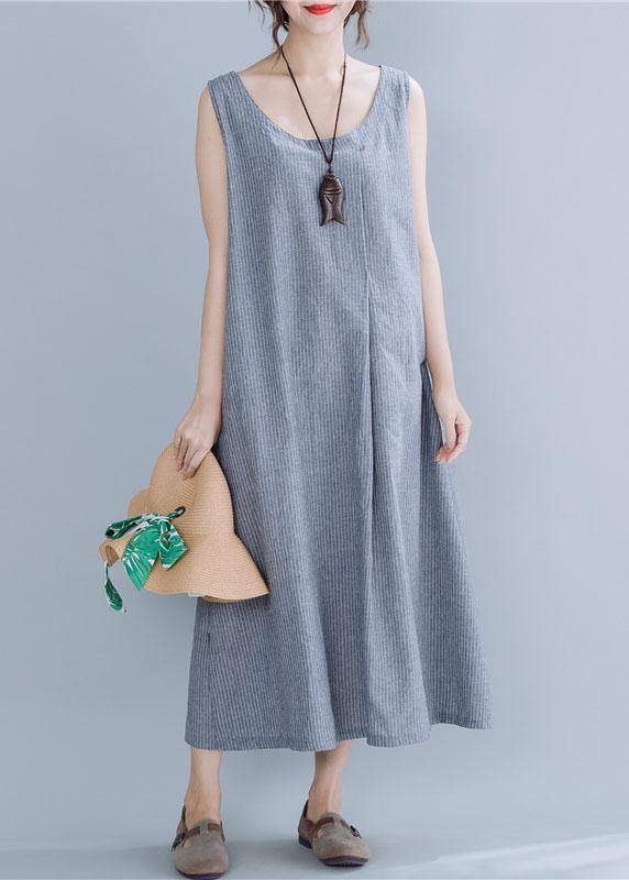 Natural gray striped linen cotton quilting clothes o neck sleeveless Maxi summer Dress - bagstylebliss