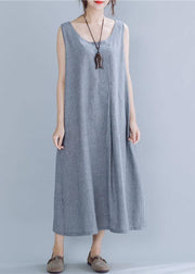 Natural gray striped linen cotton quilting clothes o neck sleeveless Maxi summer Dress - bagstylebliss