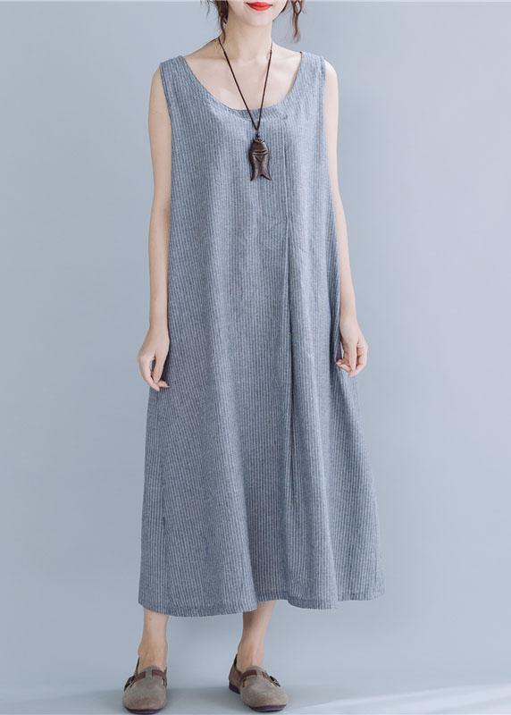 Natural gray striped linen cotton quilting clothes o neck sleeveless Maxi summer Dress - bagstylebliss