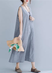 Natural gray striped linen cotton quilting clothes o neck sleeveless Maxi summer Dress - bagstylebliss