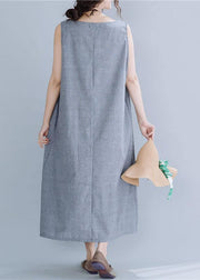 Natural gray striped linen cotton quilting clothes o neck sleeveless Maxi summer Dress - bagstylebliss